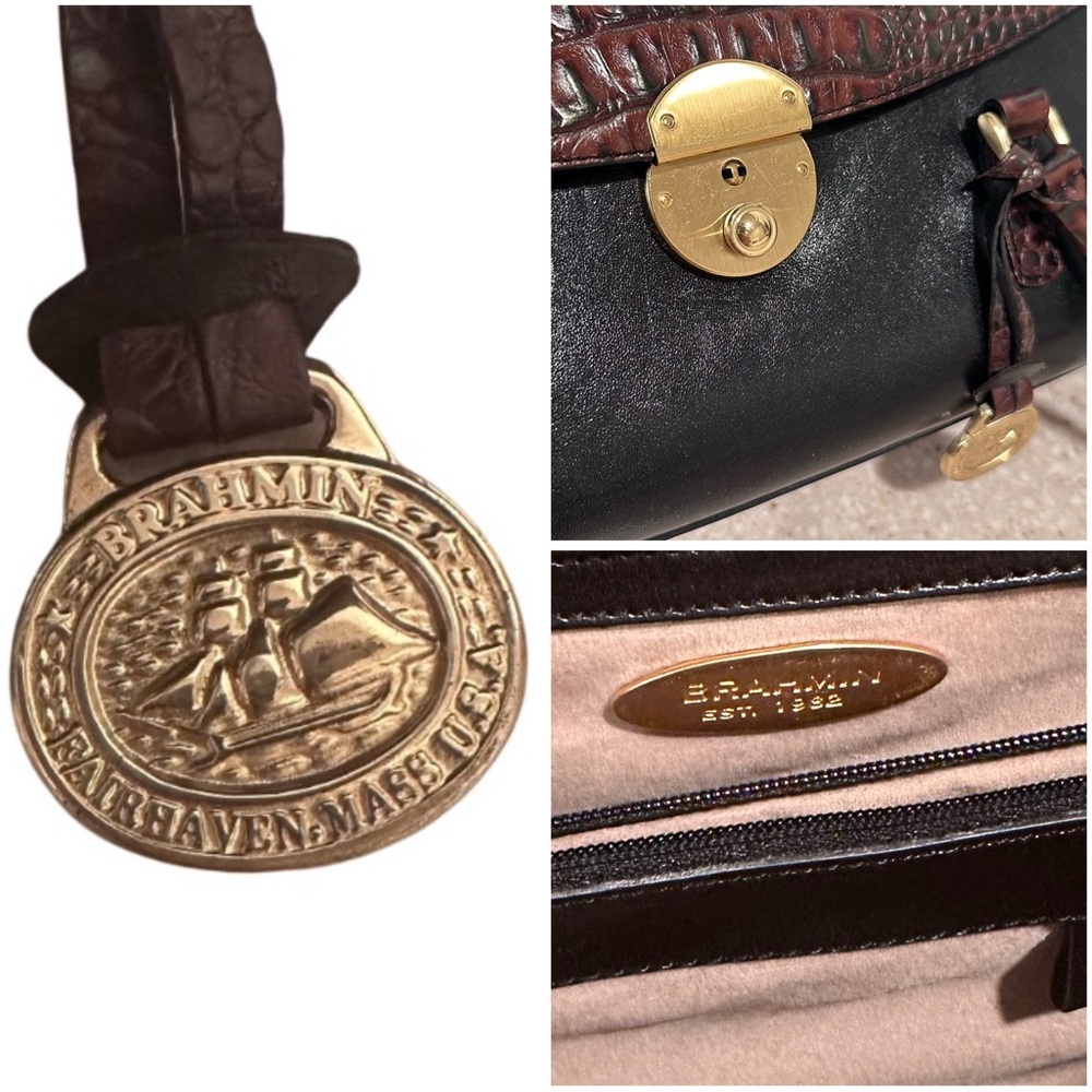 Vintage Brahmin Tuscany Collection Croc Embossed Leather Satchel Black Brown GUC - Picture 13 of 16